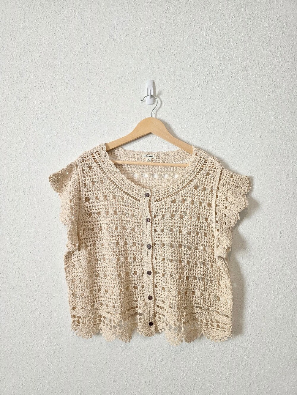 Crochet Knit Button Front Cotton Top XL